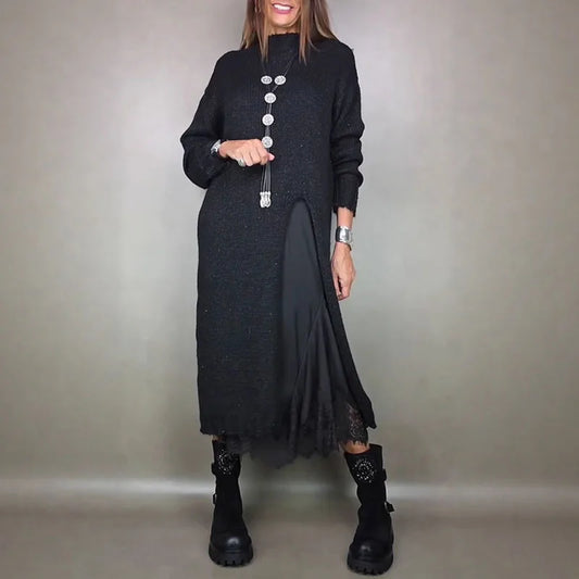 Valérie Set with Charming Satin Dress and Long Handcrafted Knit Sweater / Timeless Sophistication in Every Detail!