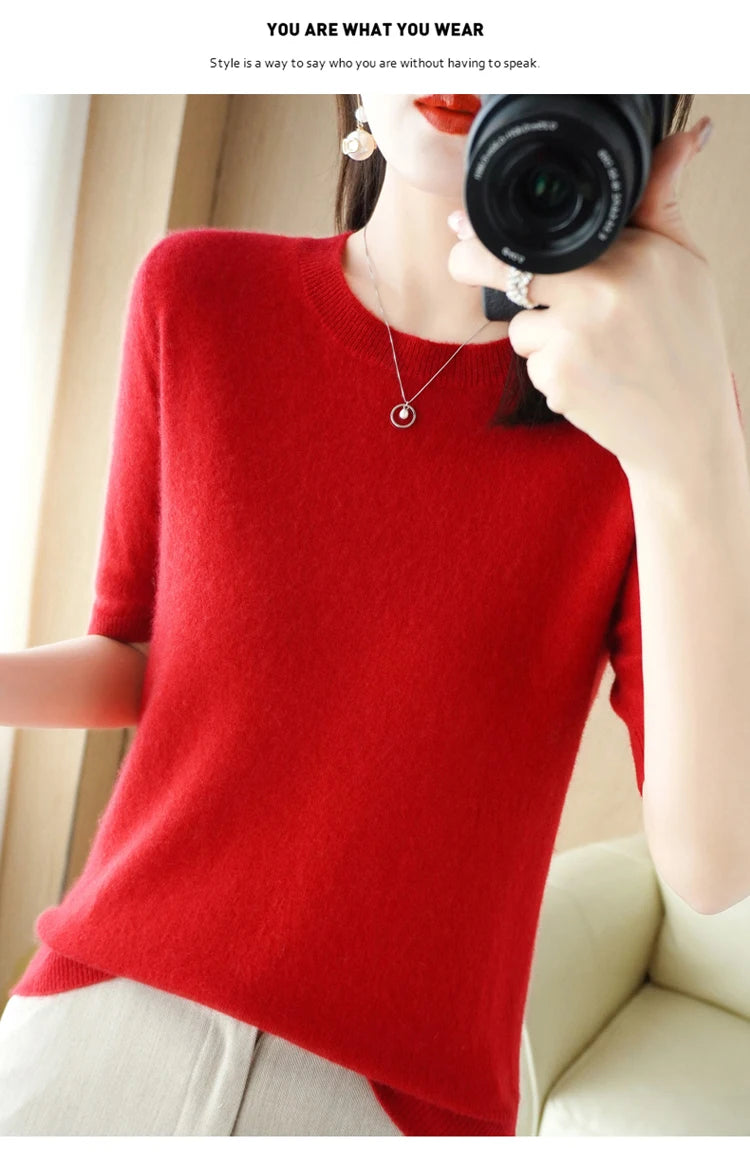 Frühling und Sommer Neue kurzärmelige Damen O-Ausschnitt Slim Woll-Baumwollmischung Pullover Weste T-Shirt Strickpullover