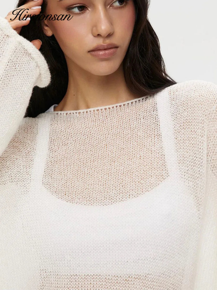 Hirsionsan Elegant Sweater Women 2024 Summer Autumn Casual Fashion Loose Women Pullovers Chic Pink White Jumper Sueter Mujer