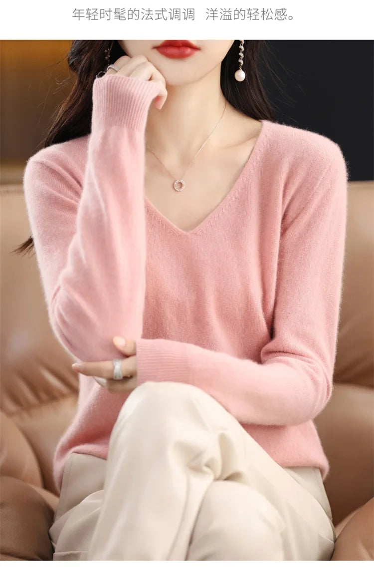 Merino Wool Women's Autumn And Winter Solid Color V-Neck Long-Sleeved Loose Knitted Sweater