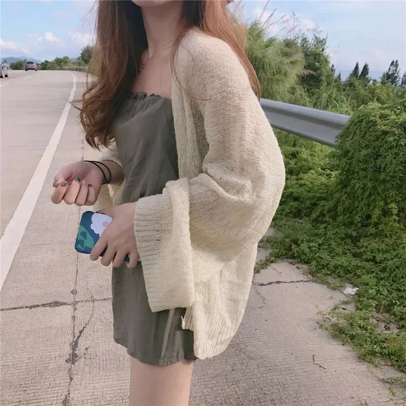 Stickad kofta för kvinnor Sommar Oversized stickad lös kappa tröja koreansk topp solid cropped cardigan Y2k tröja strandblusar