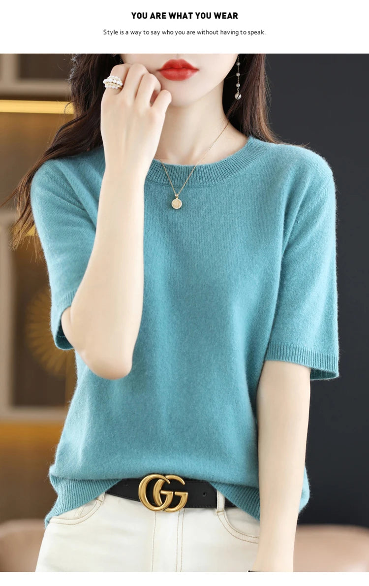 Spring and Summer New Short-sleeved Women O-neck Slim Wool Cotton Blend Pullover Vest T-shirt Knitted Base Sweater