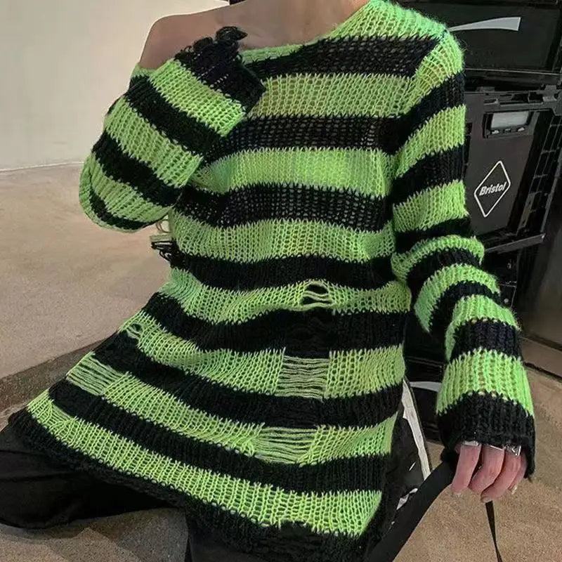 New Punk Gothic Long Unisex Sweater Summer Women Striped Cool Hollow Out Hole Broken Jumper Loose Rock Thin Dark Streetwear Top