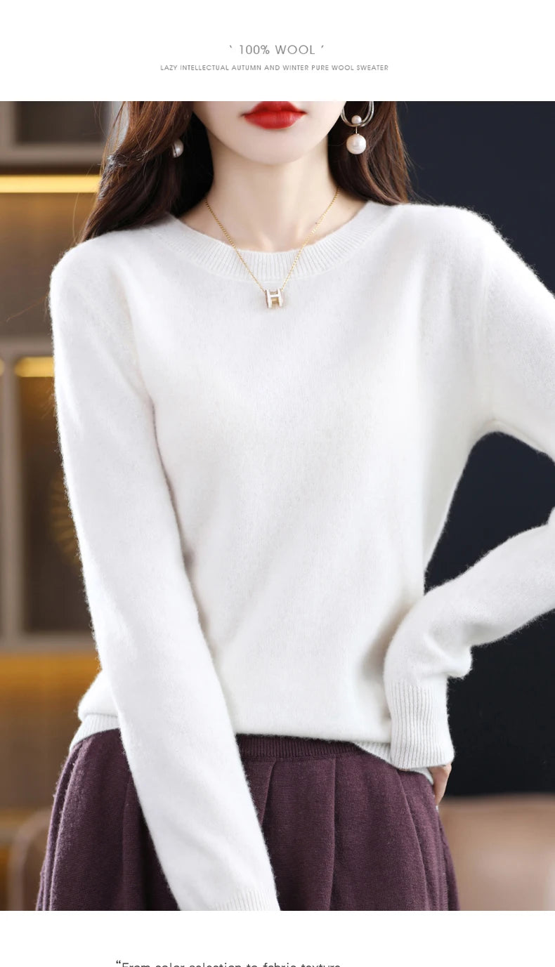 Women's 100% Pure Wool Cashmere Sweater O-Neck Pullover Knitted Casual Sweater Winter New  Long-Sleeved Warm High-Grade Jumper