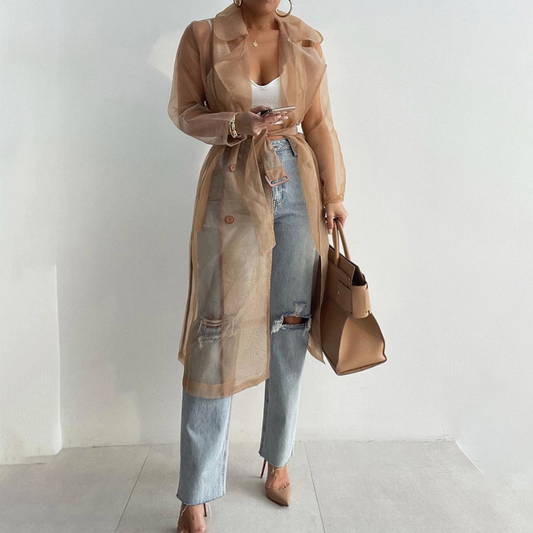 Sheer Mesh Peacoat With Belt - Seldom Seen Styles