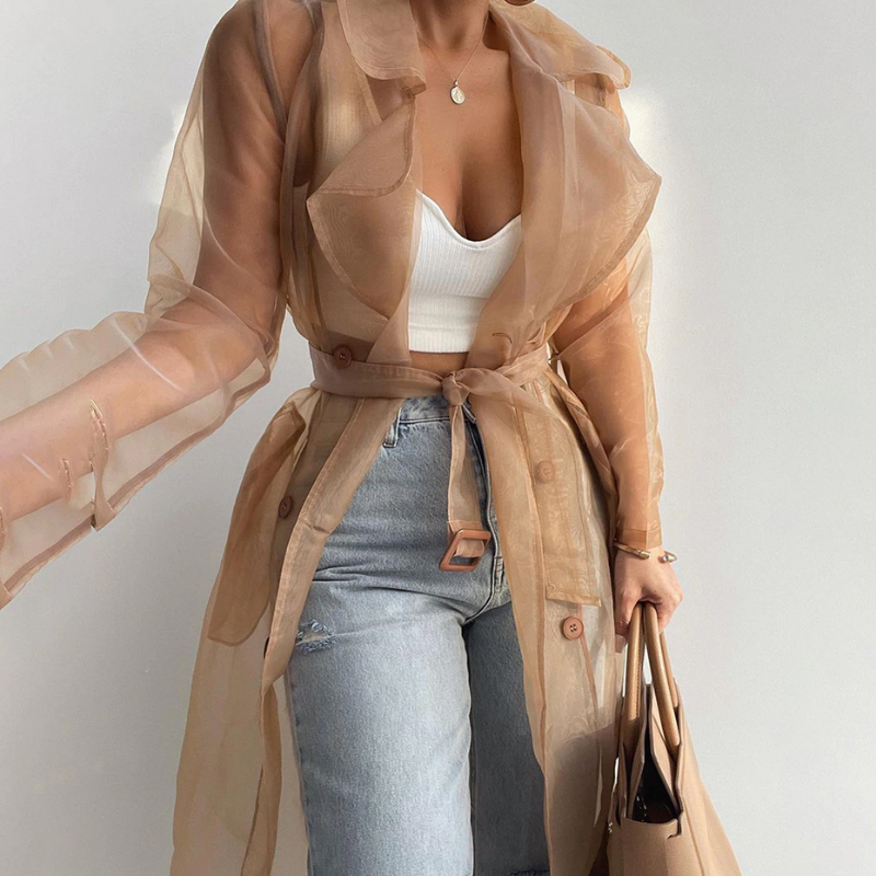 Sheer Mesh Peacoat With Belt - Seldom Seen Styles