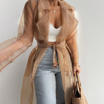 Sheer Mesh Peacoat With Belt