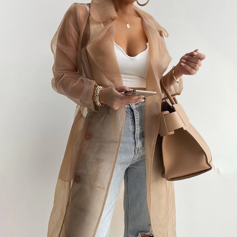 Sheer Mesh Peacoat With Belt - Seldom Seen Styles