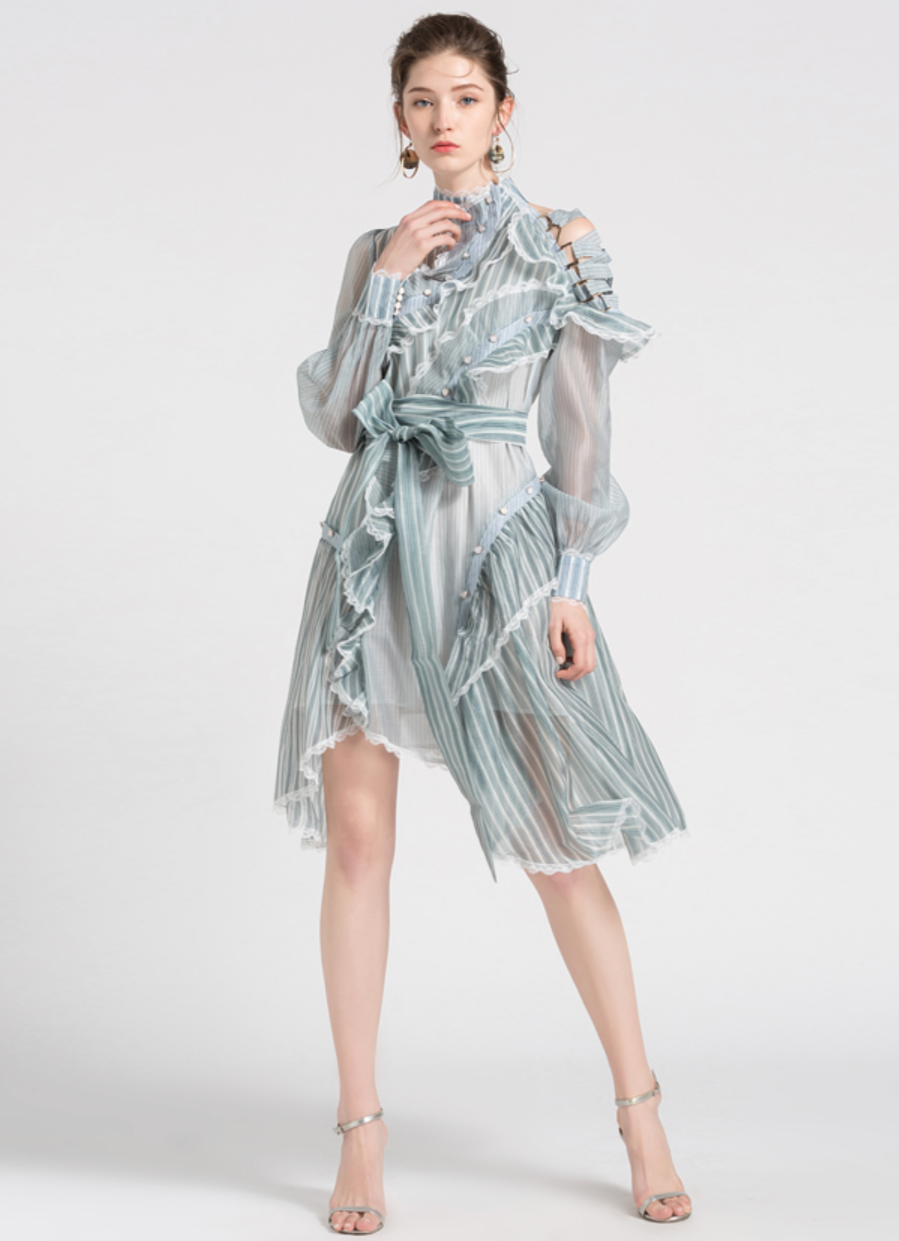 Sheer striped ruffle mini dress with sash – Nova - Seldom Seen Styles