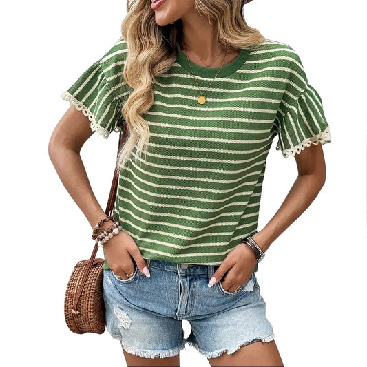 Shewin 2026 SummerVibes Women's Casual Striped Ruffle Sleeve Top - Round Neck Loose Fit Cotton Ribbed Knit T-Shirt with Lace Trimmed Flounce Sleeves for Daily Wear - Seldom Seen Styles