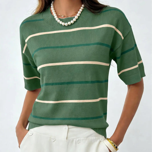 Shewin 2026 SummerVibes Women's Shortsleeve Round Neck Striped Pullover - Soft Breathable Polyester Sweatshirt, Chic Casual Fit, Ladies' Clothing for Daily Wear - Seldom Seen Styles