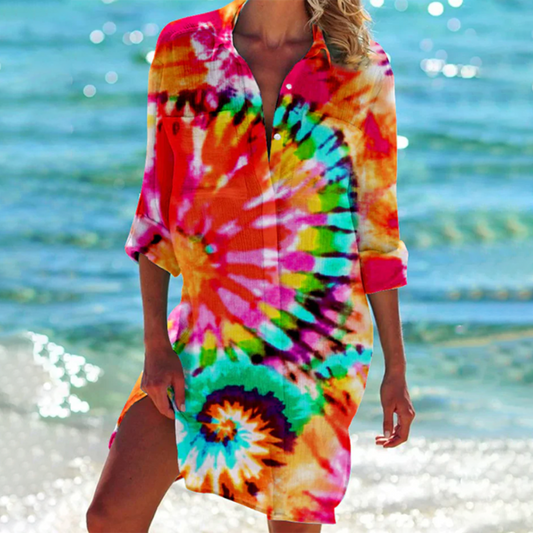 Shirt Dress with Tie-Dye Print and Button-Down Front, Lightweight Breathable Fabric - Seldom Seen Styles