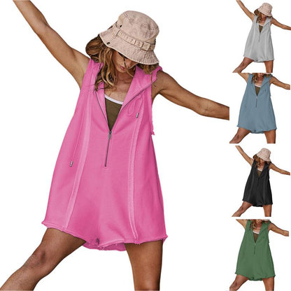 Kurzer Sport-Overall mit halbem Reißverschluss für Fitness, Outdoor, Freizeit, ärmelloser, lockerer Kapuzenpullover für Damen