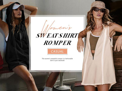 Kurzer Sport-Overall mit halbem Reißverschluss für Fitness, Outdoor, Freizeit, ärmelloser, lockerer Kapuzenpullover für Damen