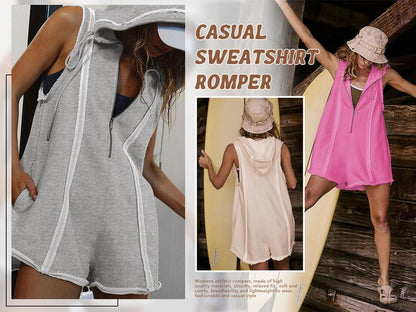 Kurzer Sport-Overall mit halbem Reißverschluss für Fitness, Outdoor, Freizeit, ärmelloser, lockerer Kapuzenpullover für Damen