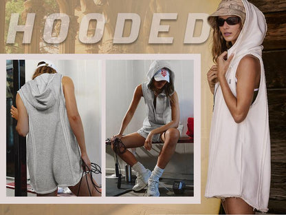 Kurzer Sport-Overall mit halbem Reißverschluss für Fitness, Outdoor, Freizeit, ärmelloser, lockerer Kapuzenpullover für Damen