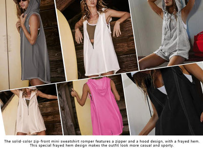 Kurzer Sport-Overall mit halbem Reißverschluss für Fitness, Outdoor, Freizeit, ärmelloser, lockerer Kapuzenpullover für Damen