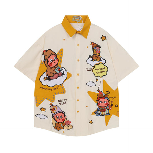 Short Sleeve Contrast Collar Cartoon Star Baby Print Shirt Loose Oversized Japanese Cute Retro Casual Couple Top | Star Baby - Seldom Seen Styles