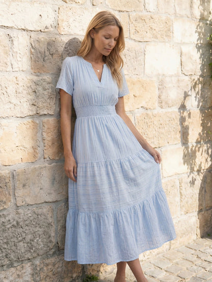 Short Sleeve Tiered Midi Dress