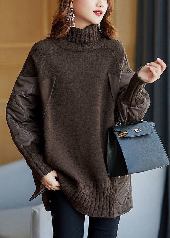 Simple Chocolate Turtleneck Patchwork Loose Fall Knit sweaters - Seldom Seen Styles
