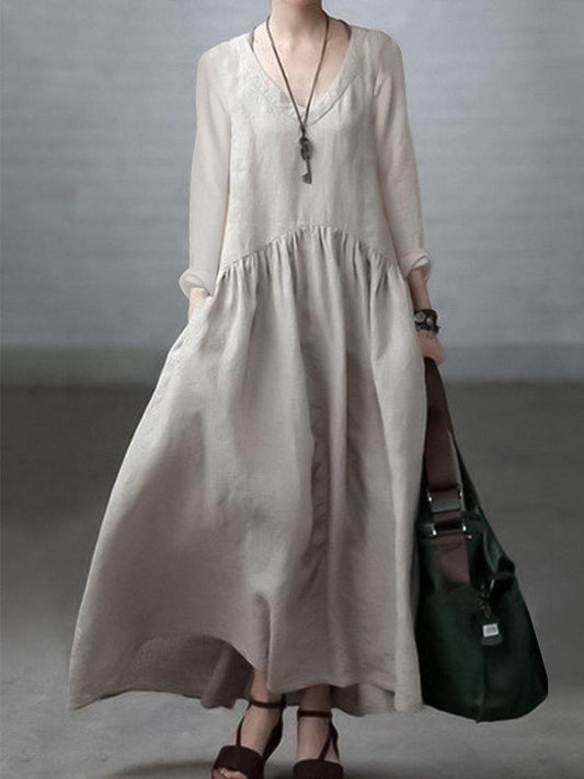 Simple and Loose V-neck Cotton and Linen Dress - Seldom Seen Styles