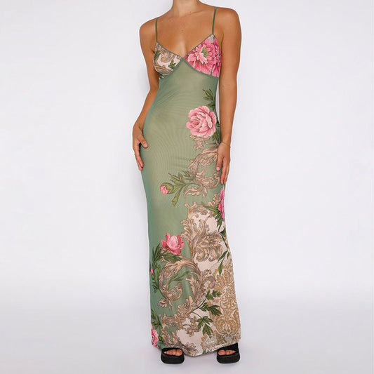 Sleeveless Floral Print V-Neck Slim Maxi Dress - Seldom Seen Styles