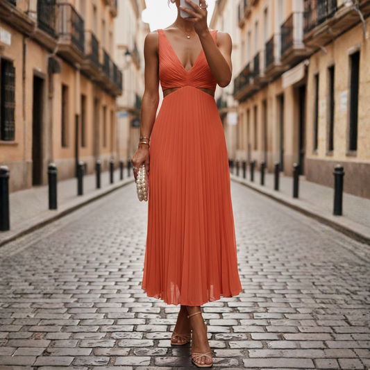 Sleeveless Pleated Midi Dress with V-Neck for Women - Seldom Seen Styles