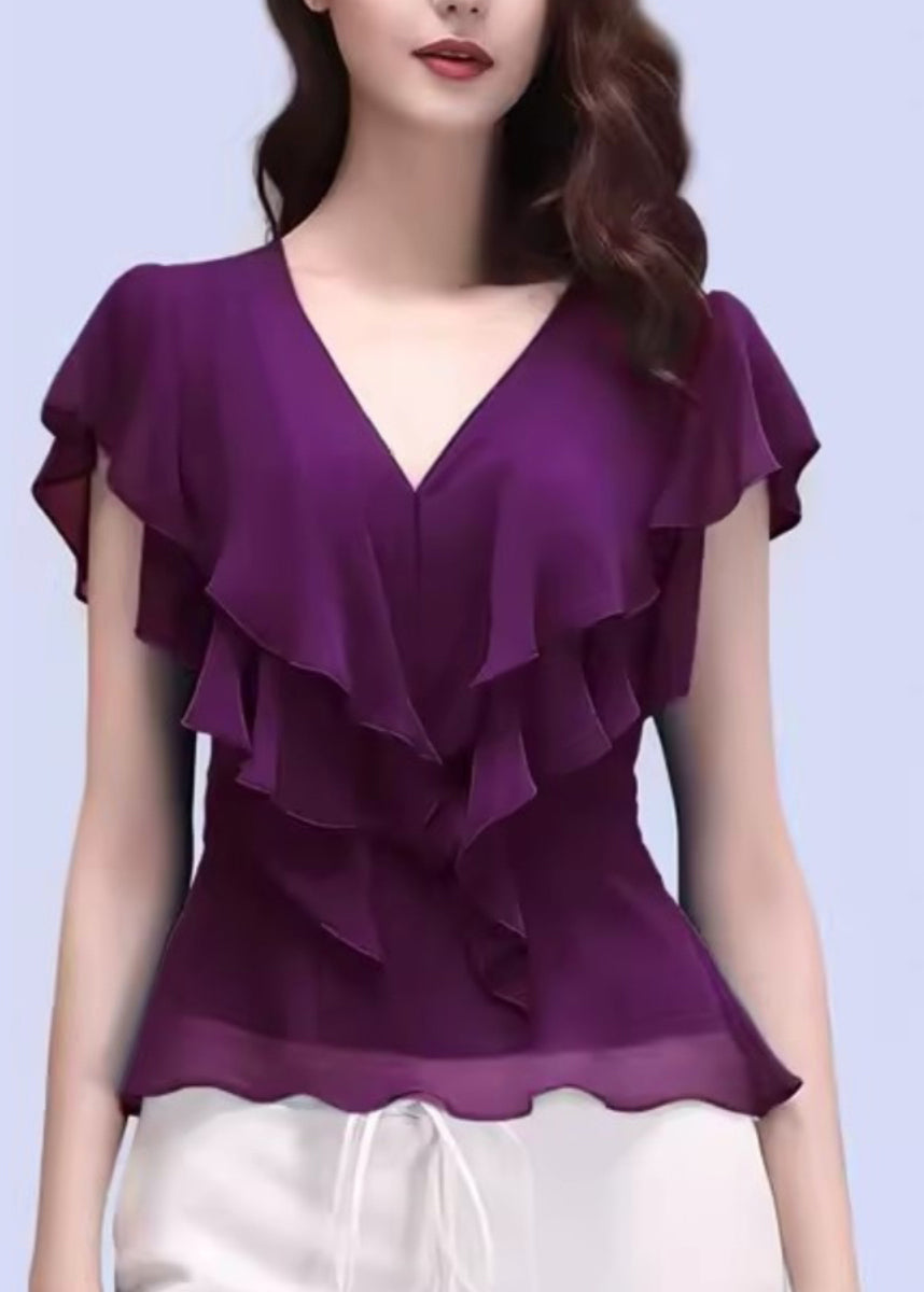 Slim Fit Purple V Neck Ruffled Chiffon Tops Short Sleeve - Seldom Seen Styles