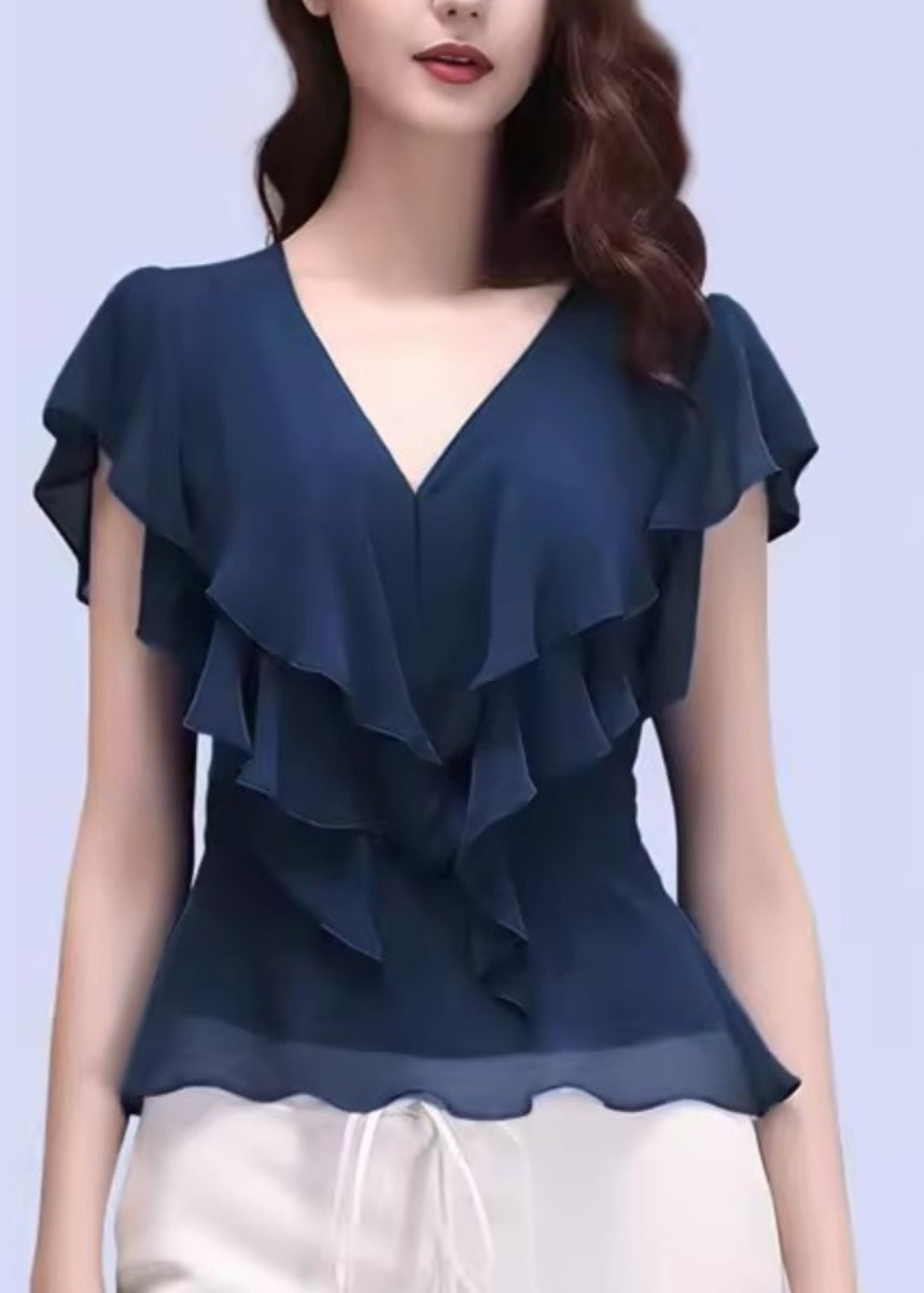 Slim Fit Purple V Neck Ruffled Chiffon Tops Short Sleeve - Seldom Seen Styles