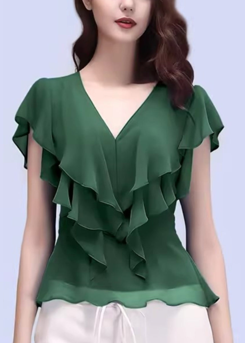 Slim Fit Purple V Neck Ruffled Chiffon Tops Short Sleeve - Seldom Seen Styles