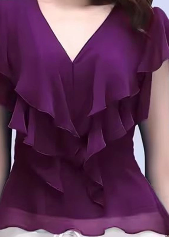 Slim Fit Purple V Neck Ruffled Chiffon Tops Short Sleeve - Seldom Seen Styles