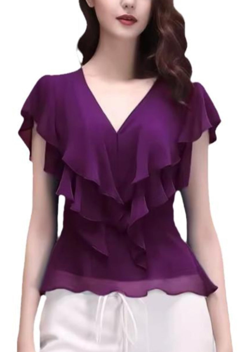 Slim Fit Purple V Neck Ruffled Chiffon Tops Short Sleeve - Seldom Seen Styles