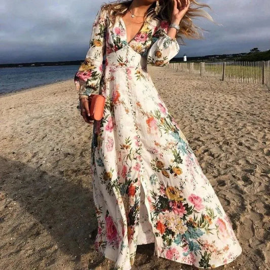 Sofia | Women's Floral Maxi Dress Long Sleeve Boho Beach Dress - Seldom Seen Styles
