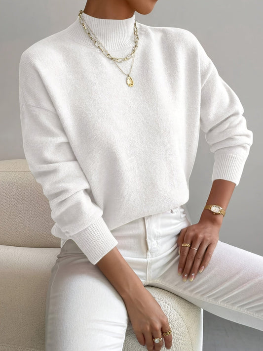 Soft Sweaters for Women, Half Turtleneck Pullover Long Sleeve Sweater, Solid Color Drop Shoulder Loose Knitted Top - Seldom Seen Styles