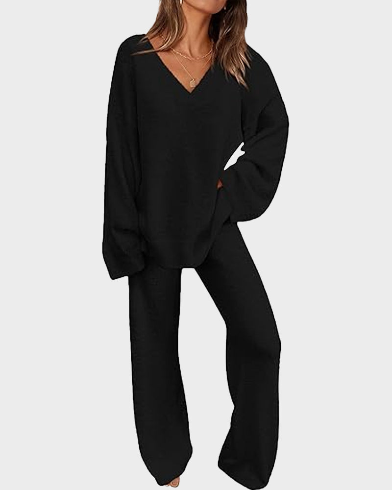 Soft Fuzzy V-Neck Loungewear Set – Cozy Two-Piece Pajama (S–3XL) - Seldom Seen Styles
