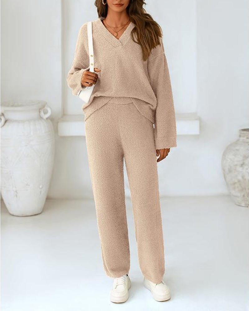 Soft Fuzzy V-Neck Loungewear Set – Cozy Two-Piece Pajama (S–3XL) - Seldom Seen Styles