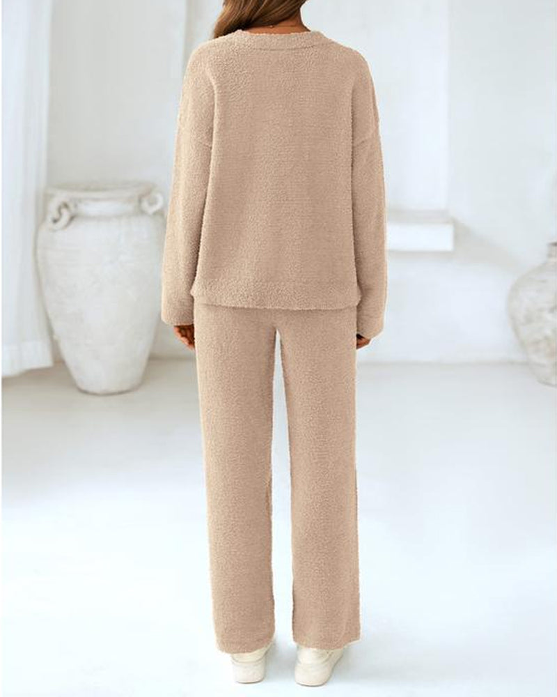 Soft Fuzzy V-Neck Loungewear Set – Cozy Two-Piece Pajama (S–3XL) - Seldom Seen Styles
