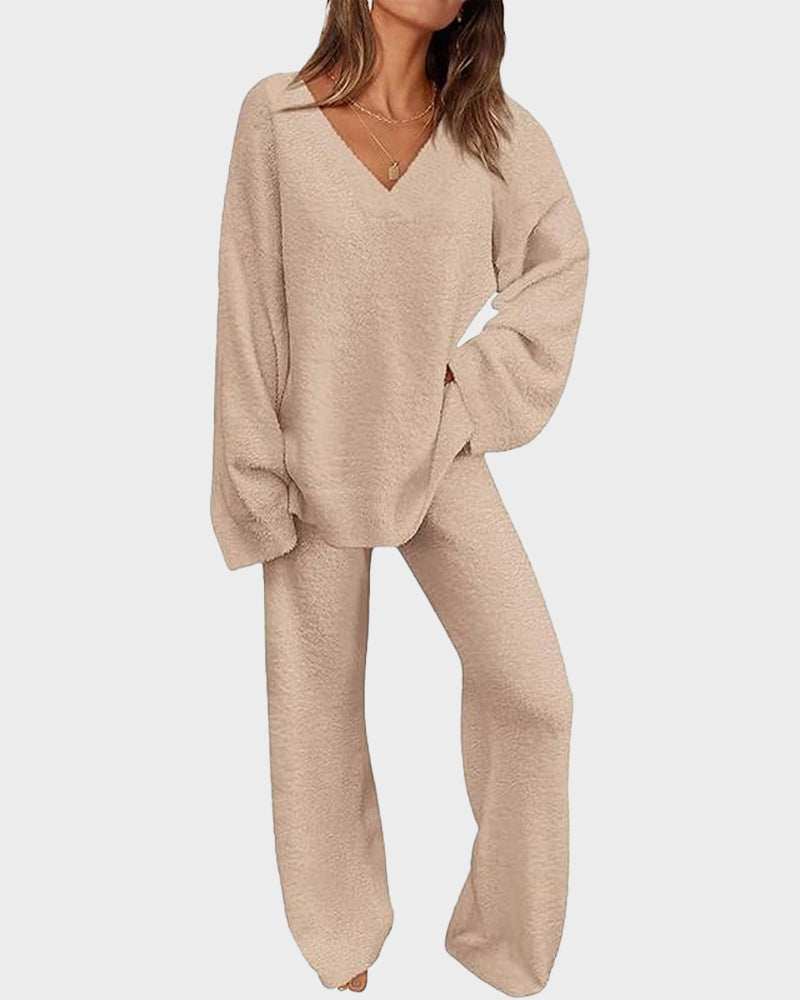 Soft Fuzzy V-Neck Loungewear Set – Cozy Two-Piece Pajama (S–3XL) - Seldom Seen Styles