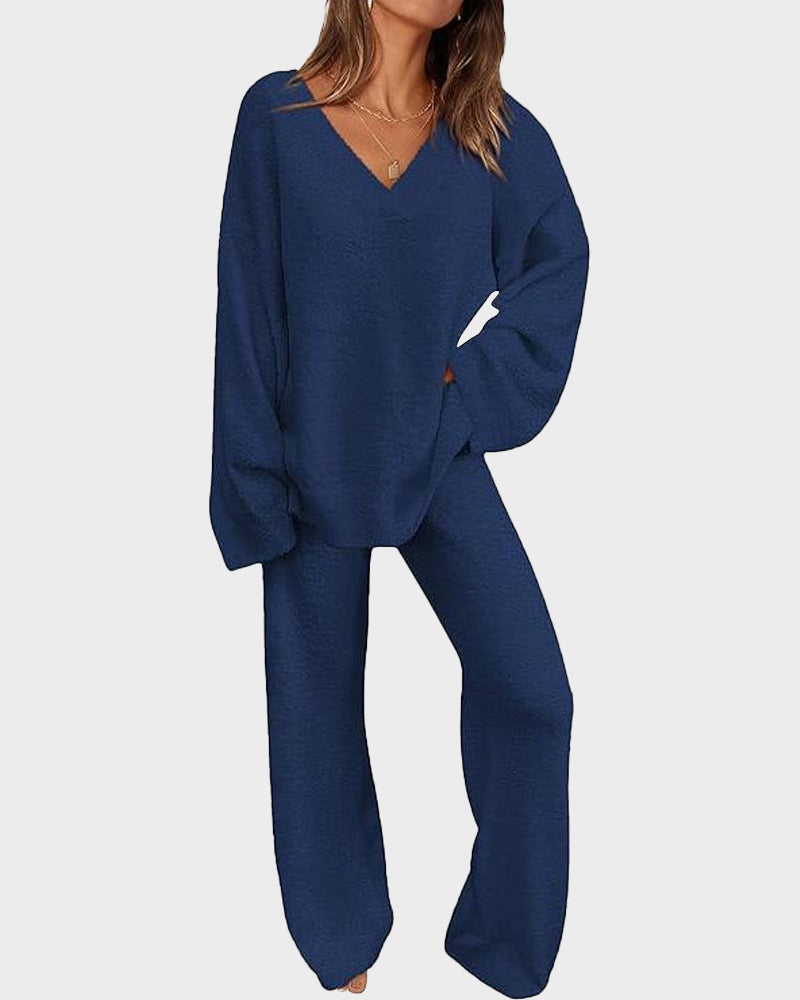 Soft Fuzzy V-Neck Loungewear Set – Cozy Two-Piece Pajama (S–3XL) - Seldom Seen Styles