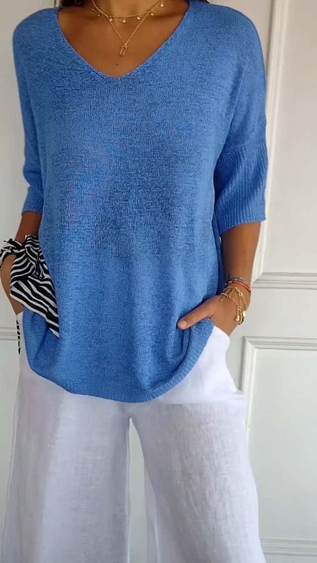 Solid Color Knitted V-neck Top - Seldom Seen Styles