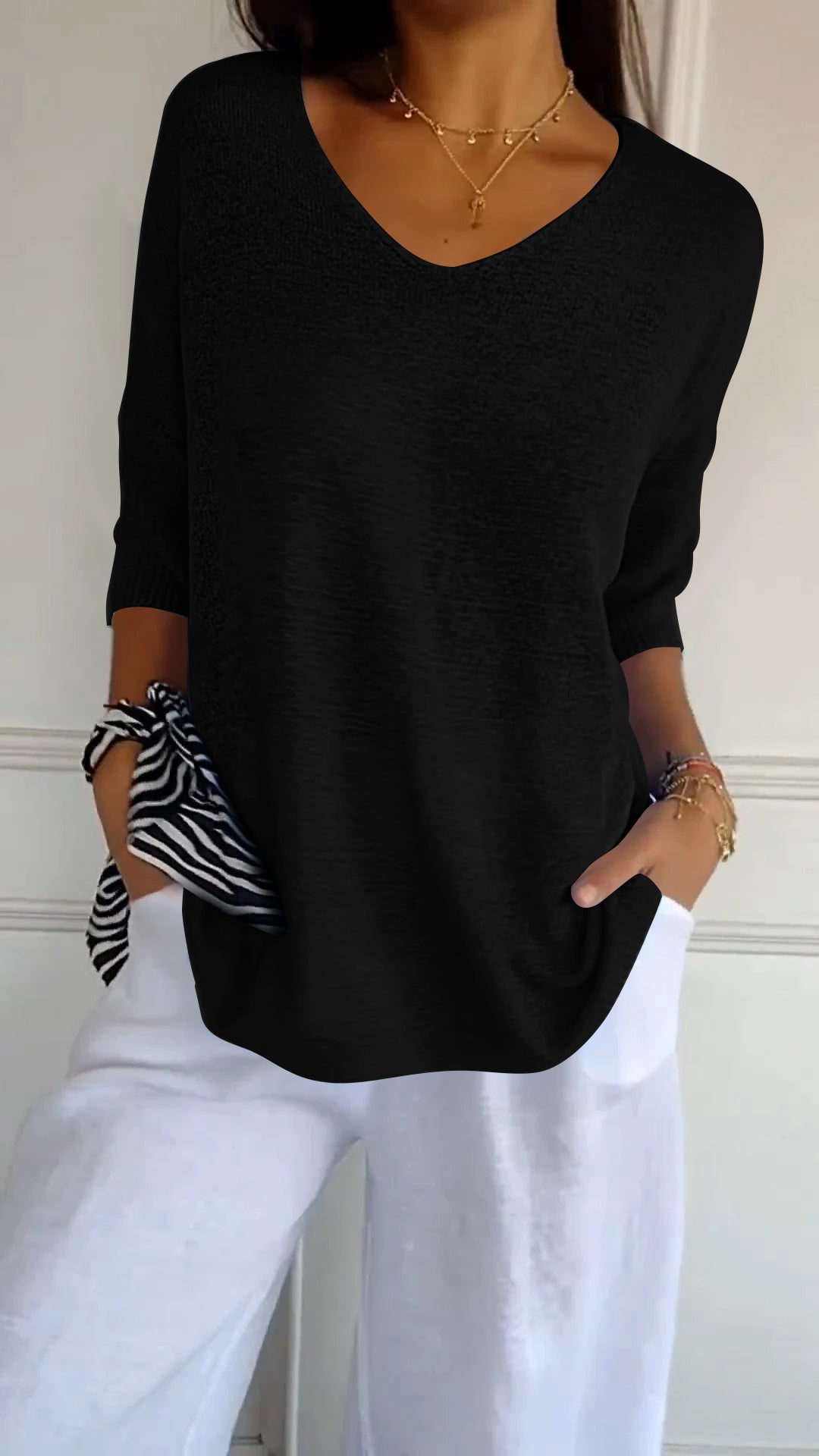 Solid Color Knitted V-neck Top - Seldom Seen Styles