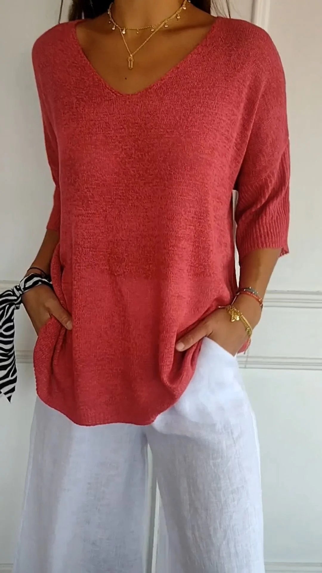 Solid Color Knitted V-neck Top - Seldom Seen Styles