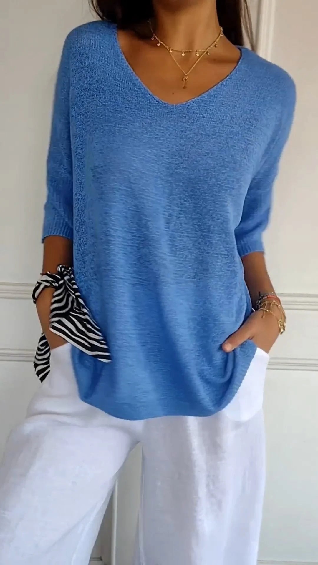 Solid Color Knitted V-neck Top - Seldom Seen Styles
