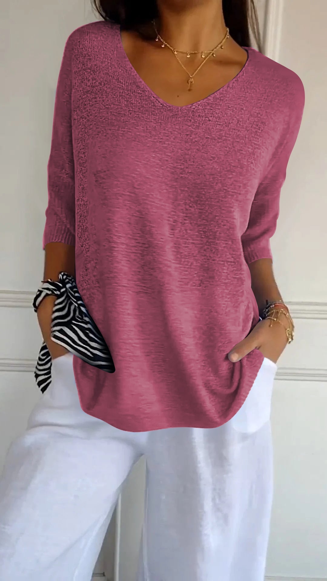 Solid Color Knitted V-neck Top - Seldom Seen Styles