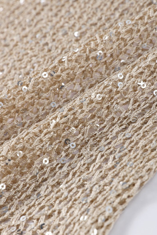 Solid Color Sequined Hollow Long Sleeve  Women Sexy Sequin Crochet Sheer Mesh See Through Pullover Tops Shiny  Hollow Out Fishnet Knit Shirt - Seldom Seen Styles