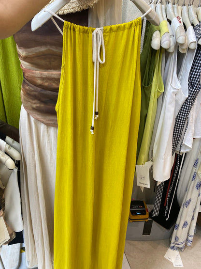 Solid Color Sleeveless Halter Neck Maxi Dress Drawstring Tie Flowy Summer Beach Dress with Pockets