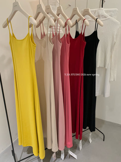 Solid Color Spaghetti Strap Maxi Dress with Built-in Non-Removable Bra Pad Dopamine Color Slim Fit Sleeveless Summer Dress