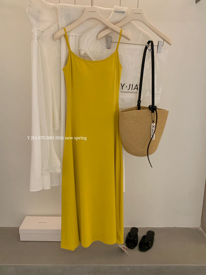 Solid Color Spaghetti Strap Maxi Dress with Built-in Non-Removable Bra Pad Dopamine Color Slim Fit Sleeveless Summer Dress