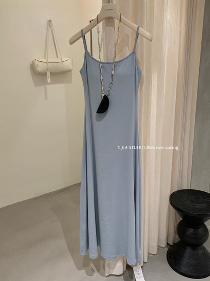 Solid Color Spaghetti Strap Maxi Dress with Built-in Non-Removable Bra Pad Dopamine Color Slim Fit Sleeveless Summer Dress