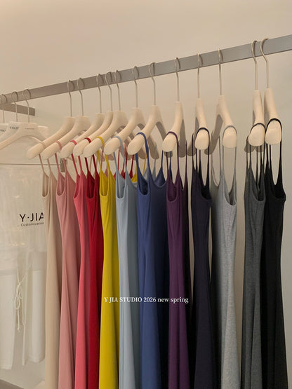 Solid Color Spaghetti Strap Maxi Dress with Built-in Non-Removable Bra Pad Dopamine Color Slim Fit Sleeveless Summer Dress